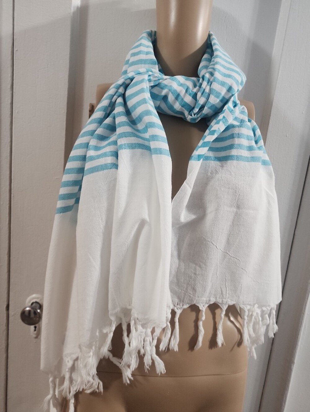 Turquoise & White Stripe Cotton Rectangle Scarf Wrap Sarong Knotted Tassels  NWT